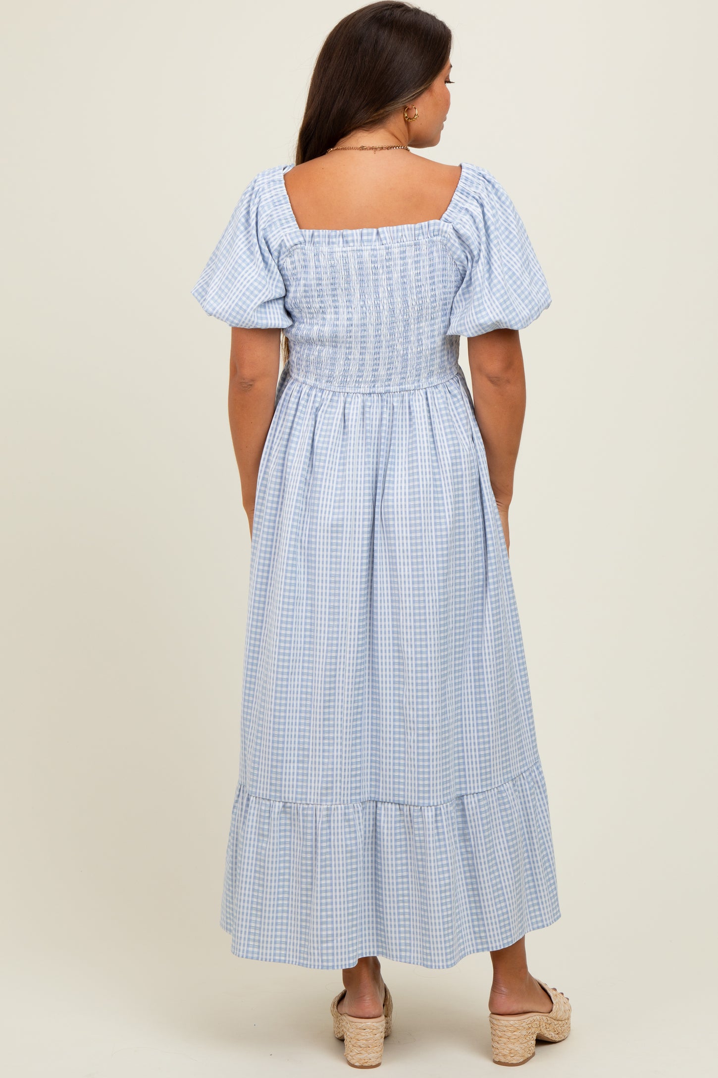 Light Blue Gingham Smocked Puff Sleeve Maternity Midi Dress