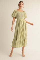 Light Olive Gingham Smocked Puff Sleeve Midi Dress