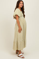 Light Olive Gingham Smocked Puff Sleeve Maternity Midi Dress