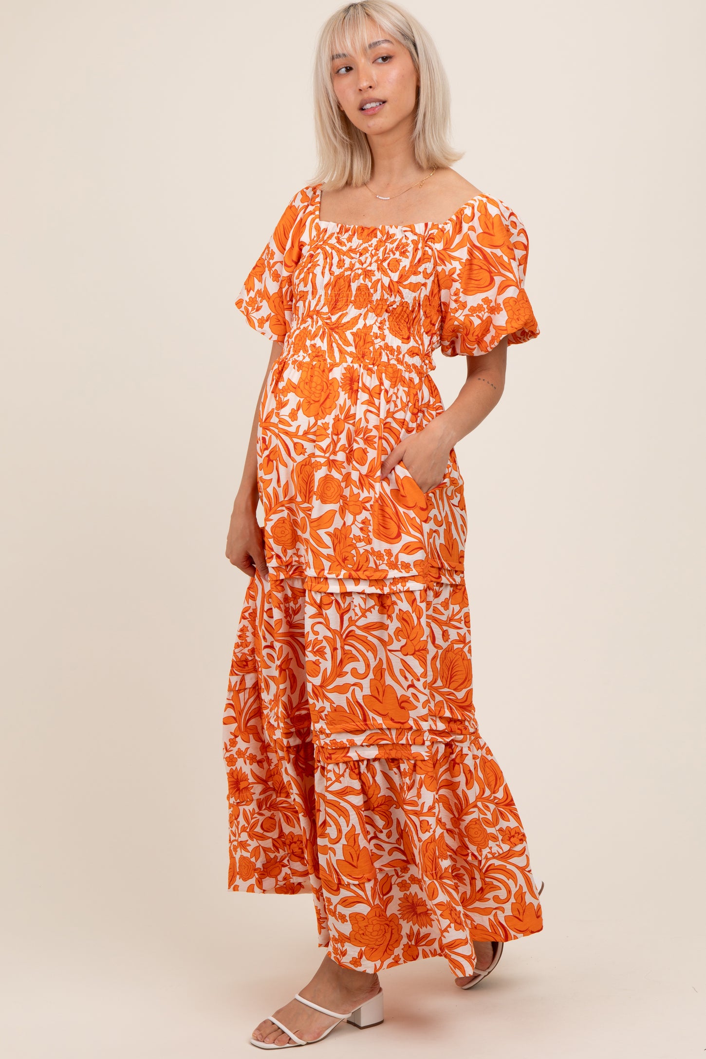 Orange Floral Smocked Puff Sleeve Maternity Maxi Dress