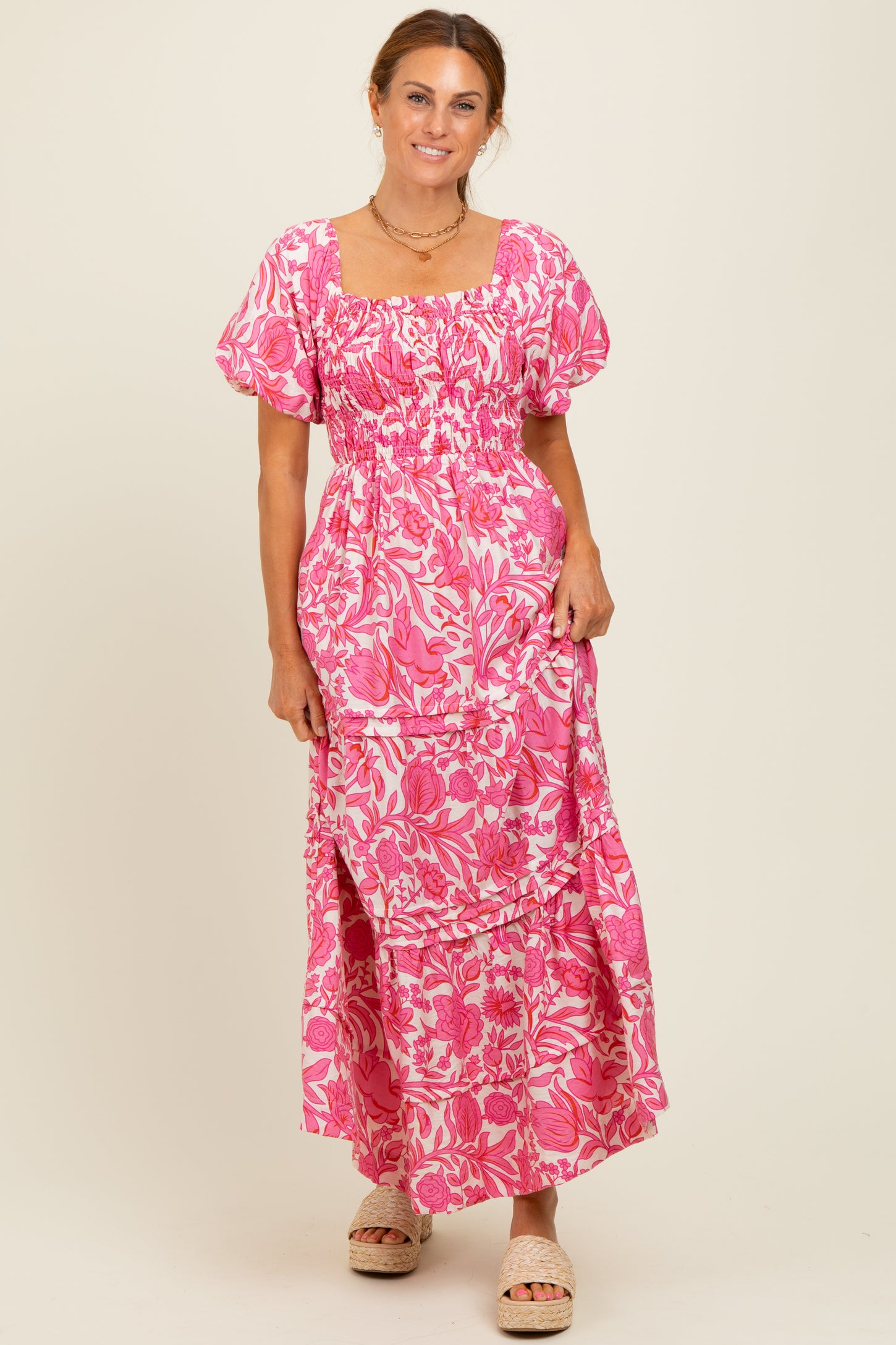 Pink Floral Smocked Puff Sleeve Maxi Dress