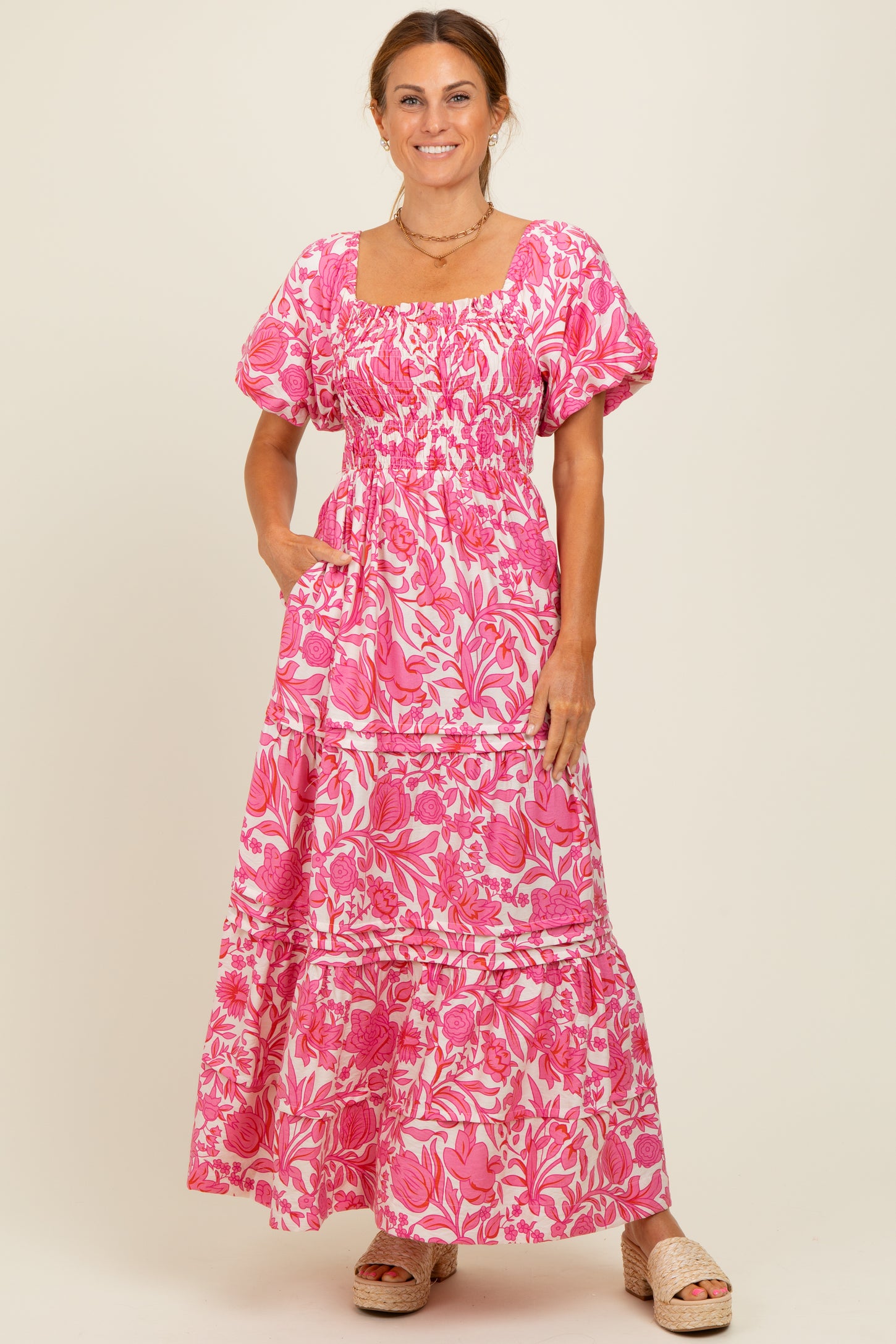 Pink Floral Smocked Puff Sleeve Maxi Dress