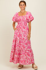 Pink Floral Smocked Puff Sleeve Maxi Dress