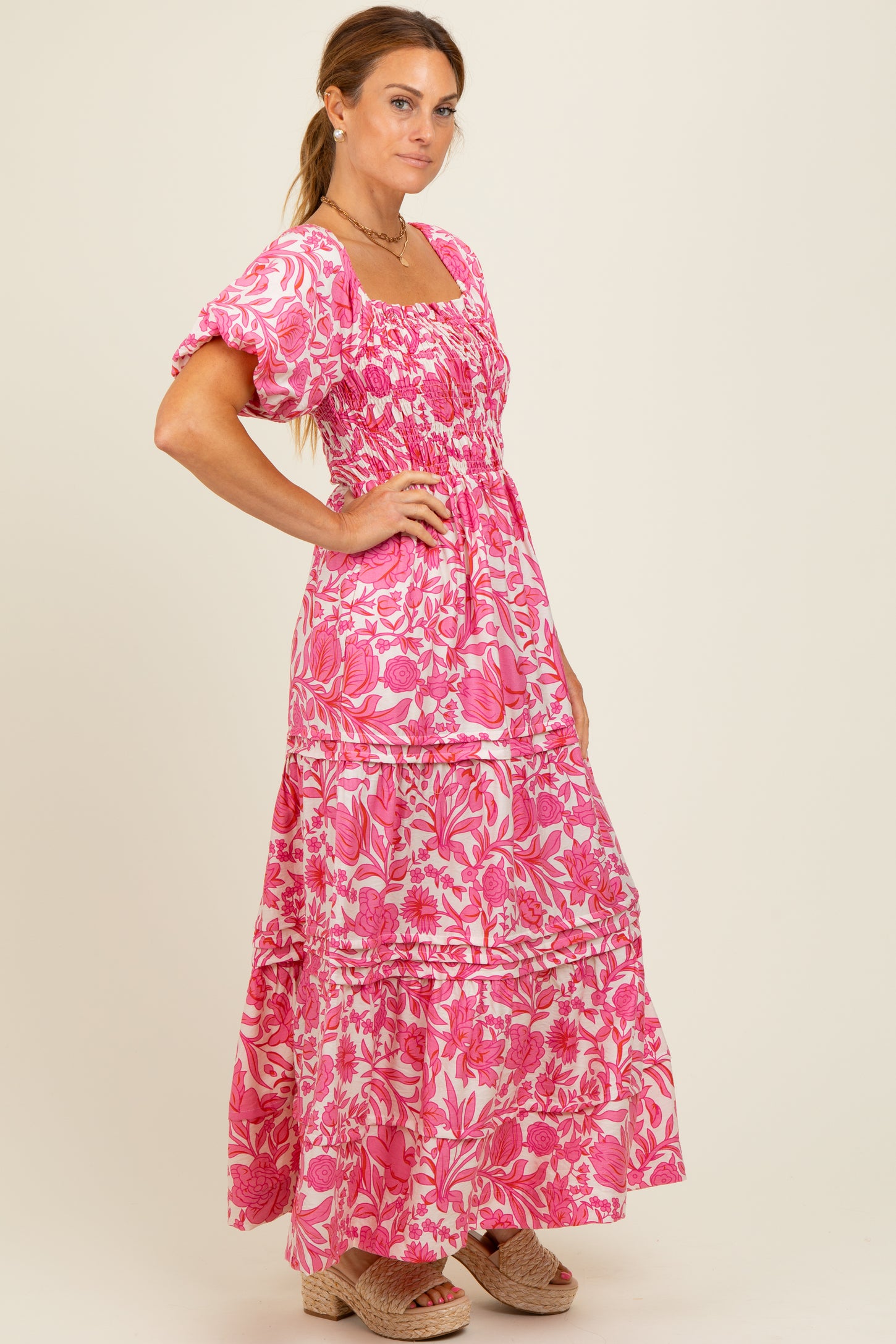 Pink Floral Smocked Puff Sleeve Maxi Dress