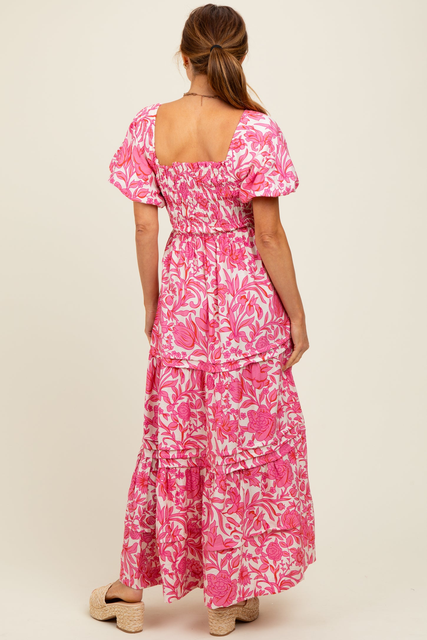 Pink Floral Smocked Puff Sleeve Maxi Dress