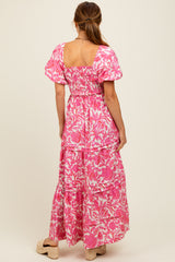 Pink Floral Smocked Puff Sleeve Maxi Dress