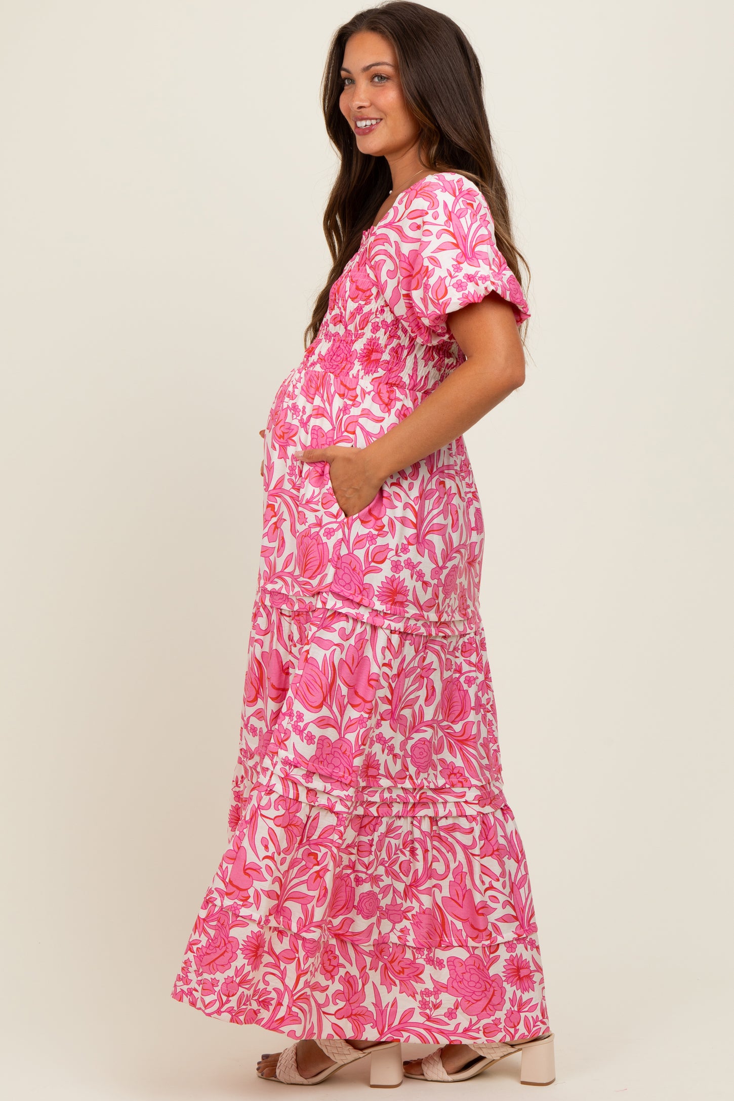 Pink Floral Smocked Puff Sleeve Maternity Maxi Dress