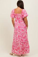 Pink Floral Smocked Puff Sleeve Maternity Maxi Dress