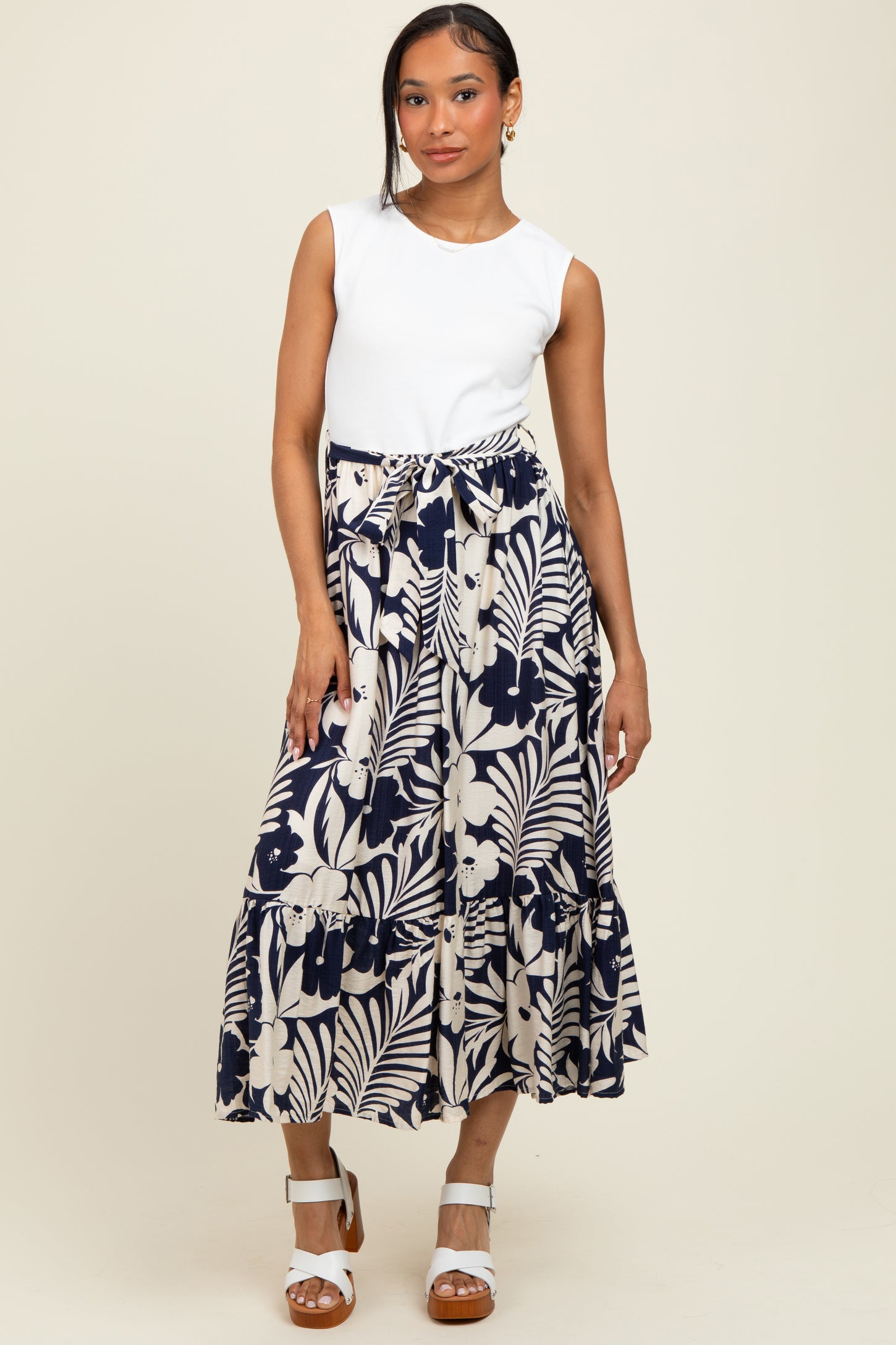 Navy Floral Contrast Top Sash Tie Sleeveless Midi Dress