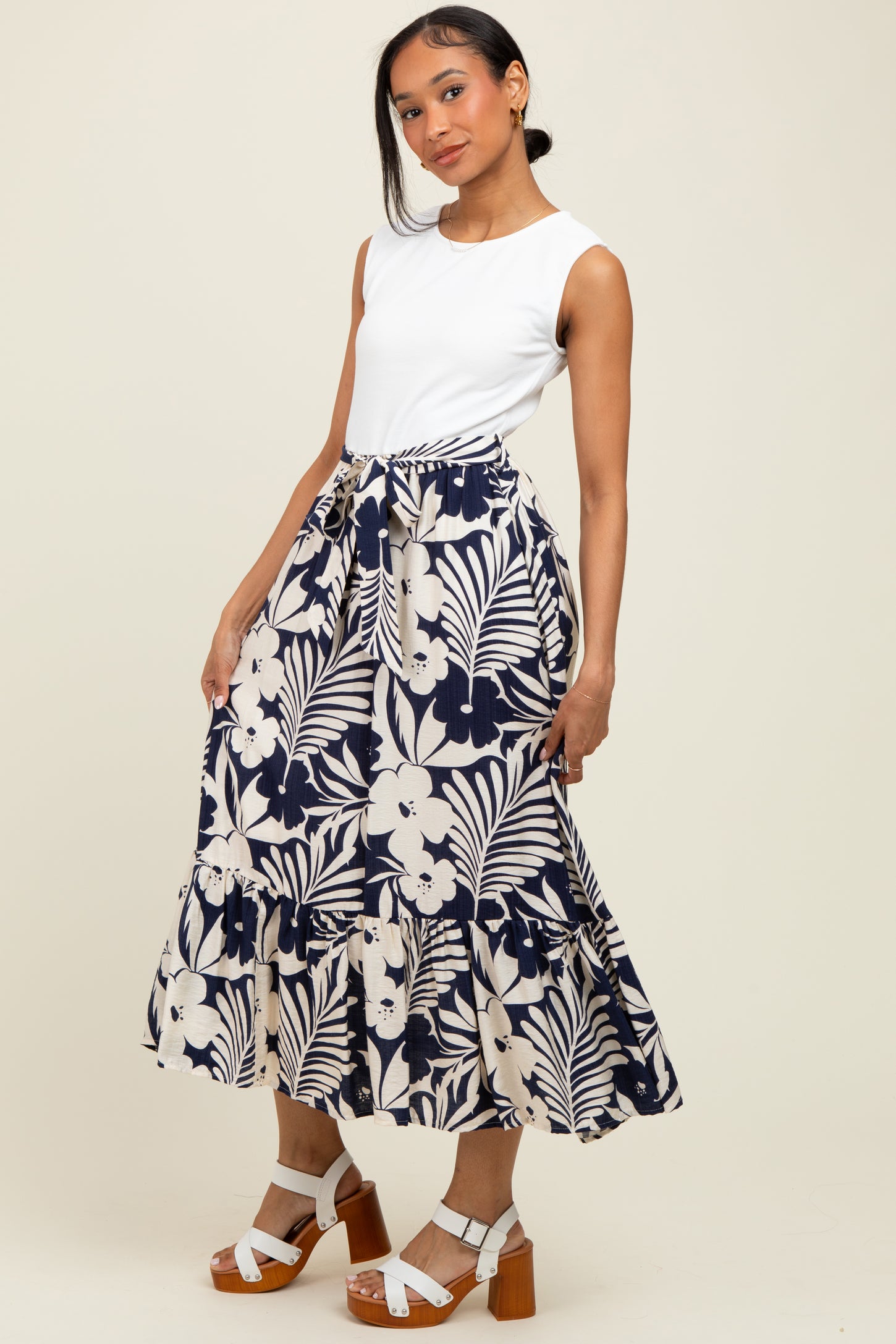 Navy Floral Contrast Top Sash Tie Sleeveless Midi Dress