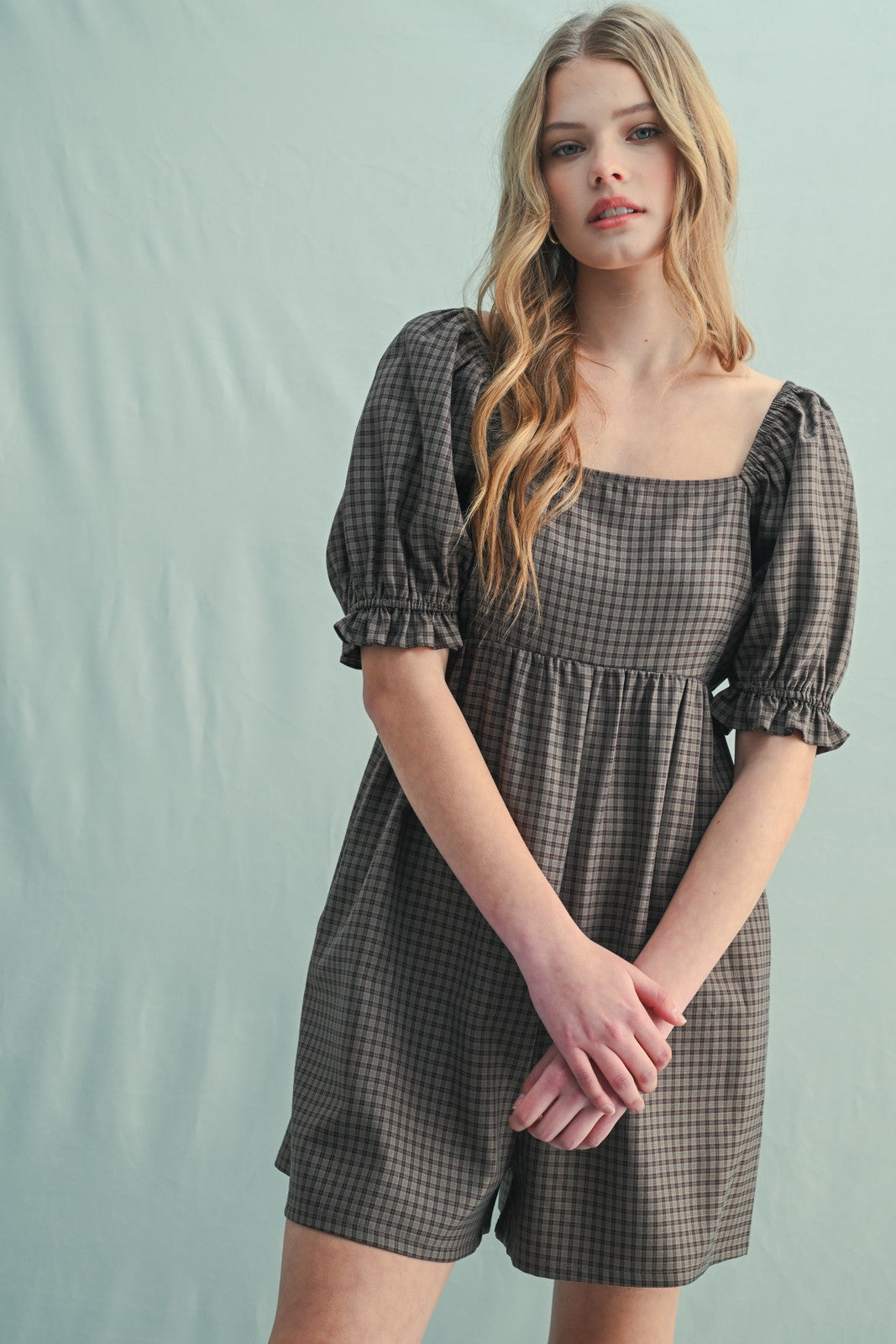 Mocha Plaid Square Neck Puff Sleeve Maternity Romper