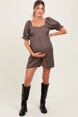 Mocha Plaid Square Neck Puff Sleeve Maternity Romper