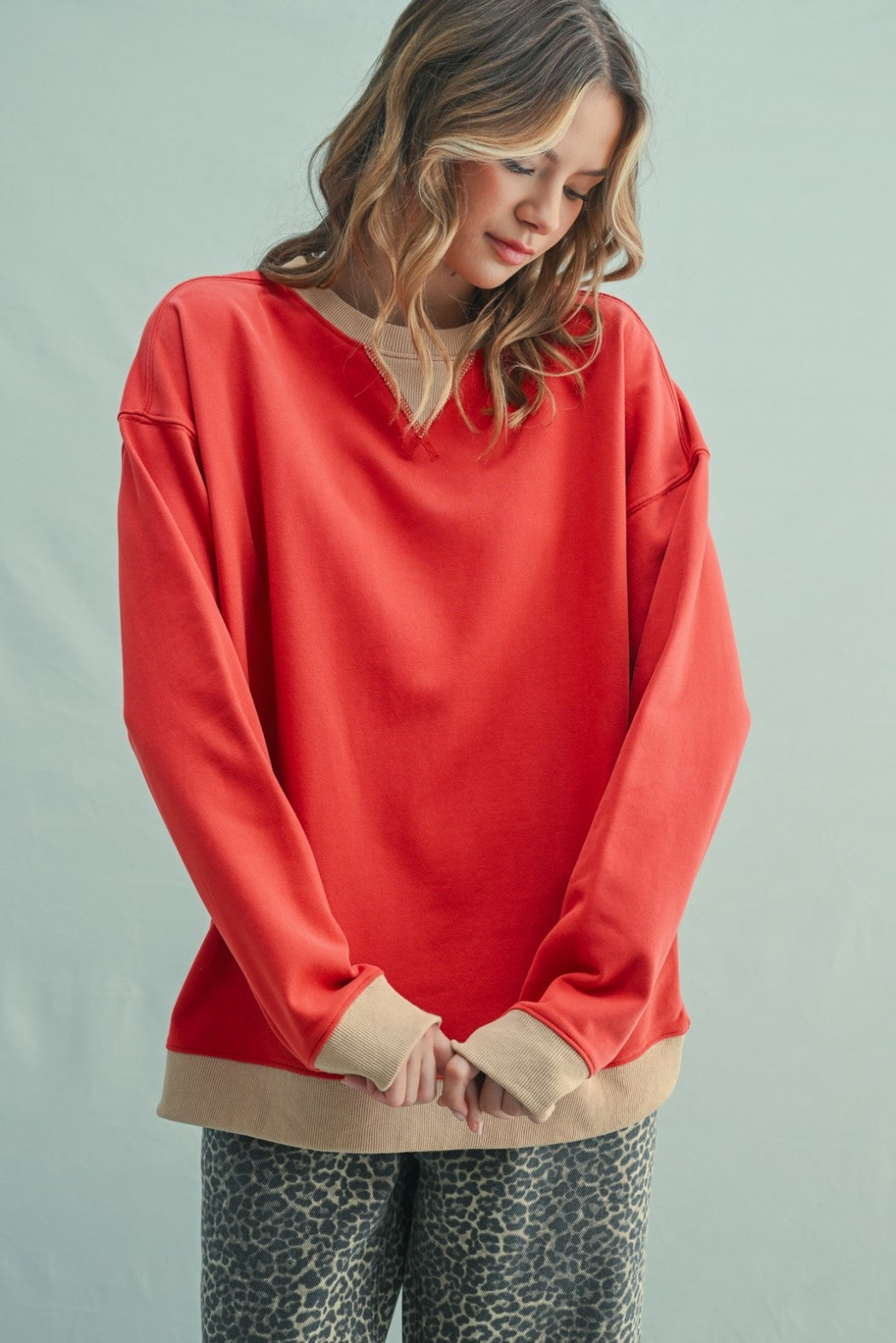 Red Colorblock Pullover Top