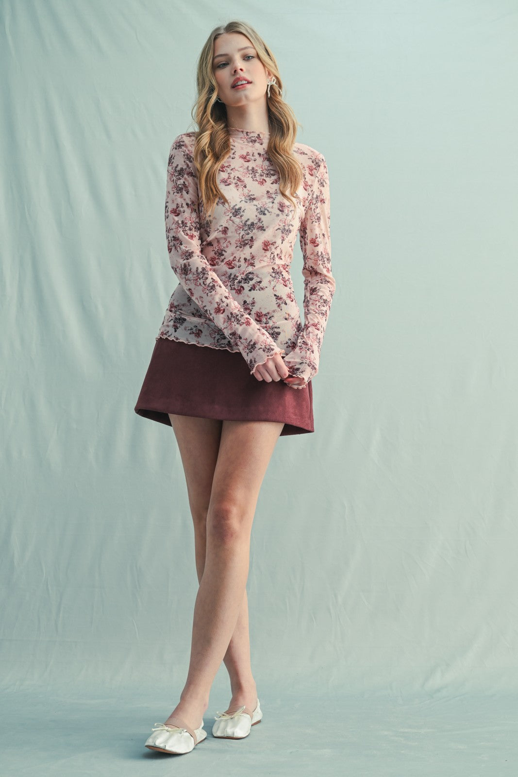 Cream Rose Floral Mesh Long Sleeve Top