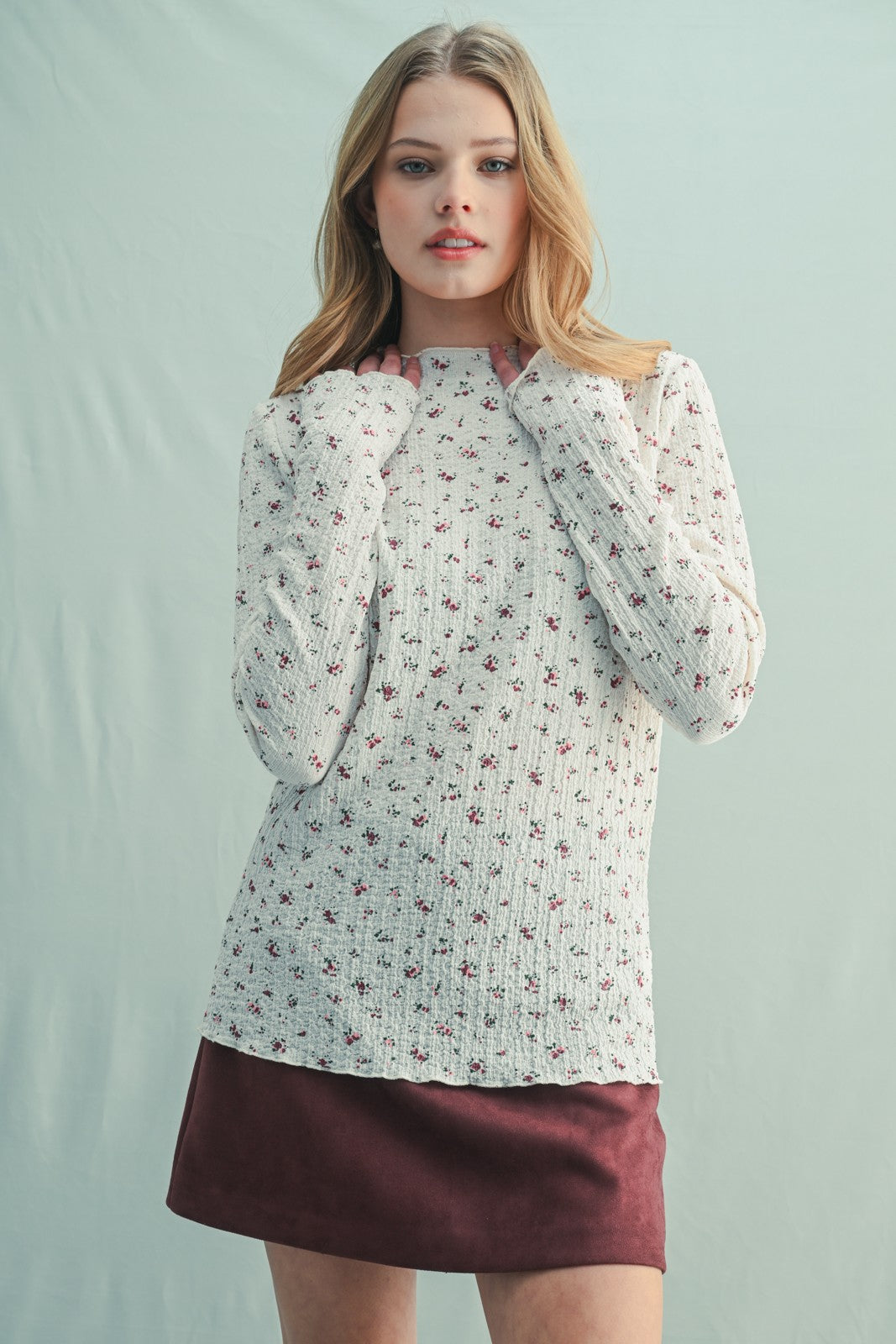 Ivory Floral Crinkled Texture High Neck Long Sleeve