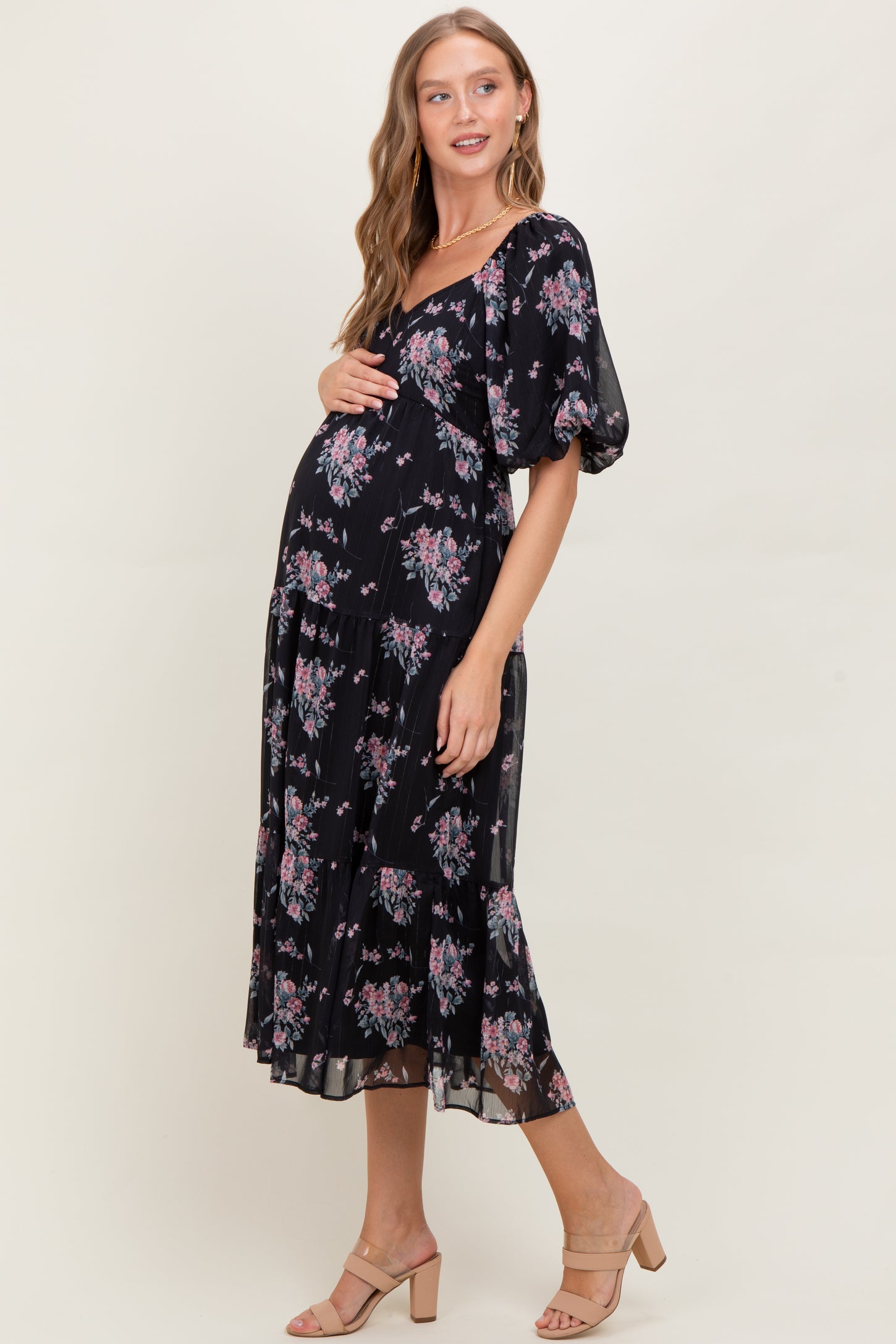 Black Floral Striped Puff Sleeve Maternity Midi Dress