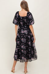 Black Floral Striped Puff Sleeve Maternity Midi Dress