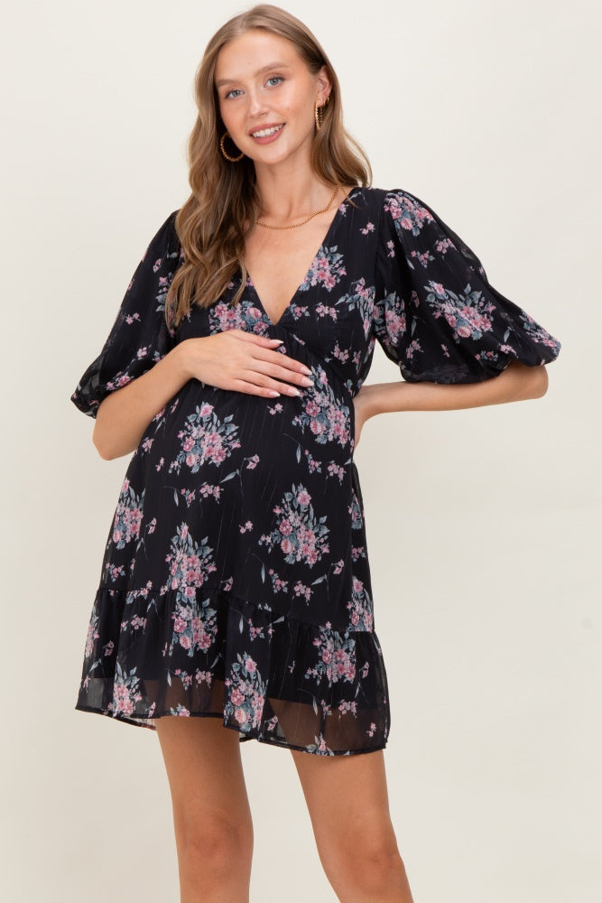 Black Floral Striped V-Neck Cutout Maternity Mini Dress