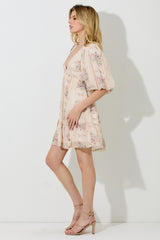 Cream Floral Striped V-Neck Cutout Mini Dress