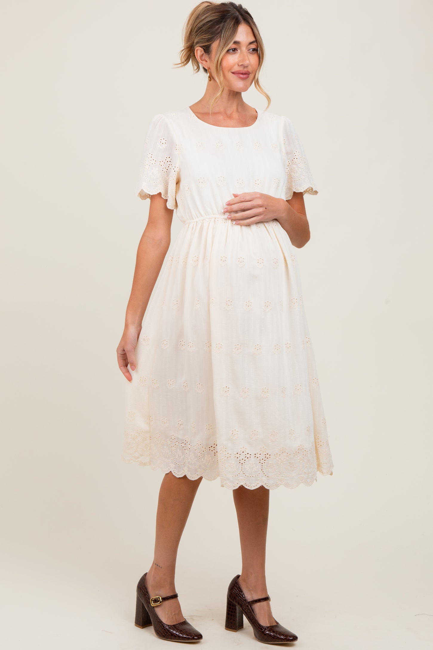 Cream Eyelet Lace Scallop Hem Maternity Midi Dress