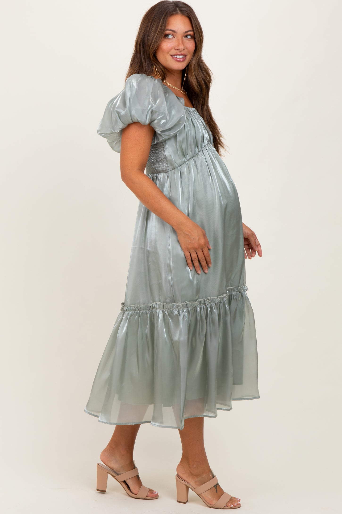 Light Olive Organza Puff Sleeve Maternity Midi Dress