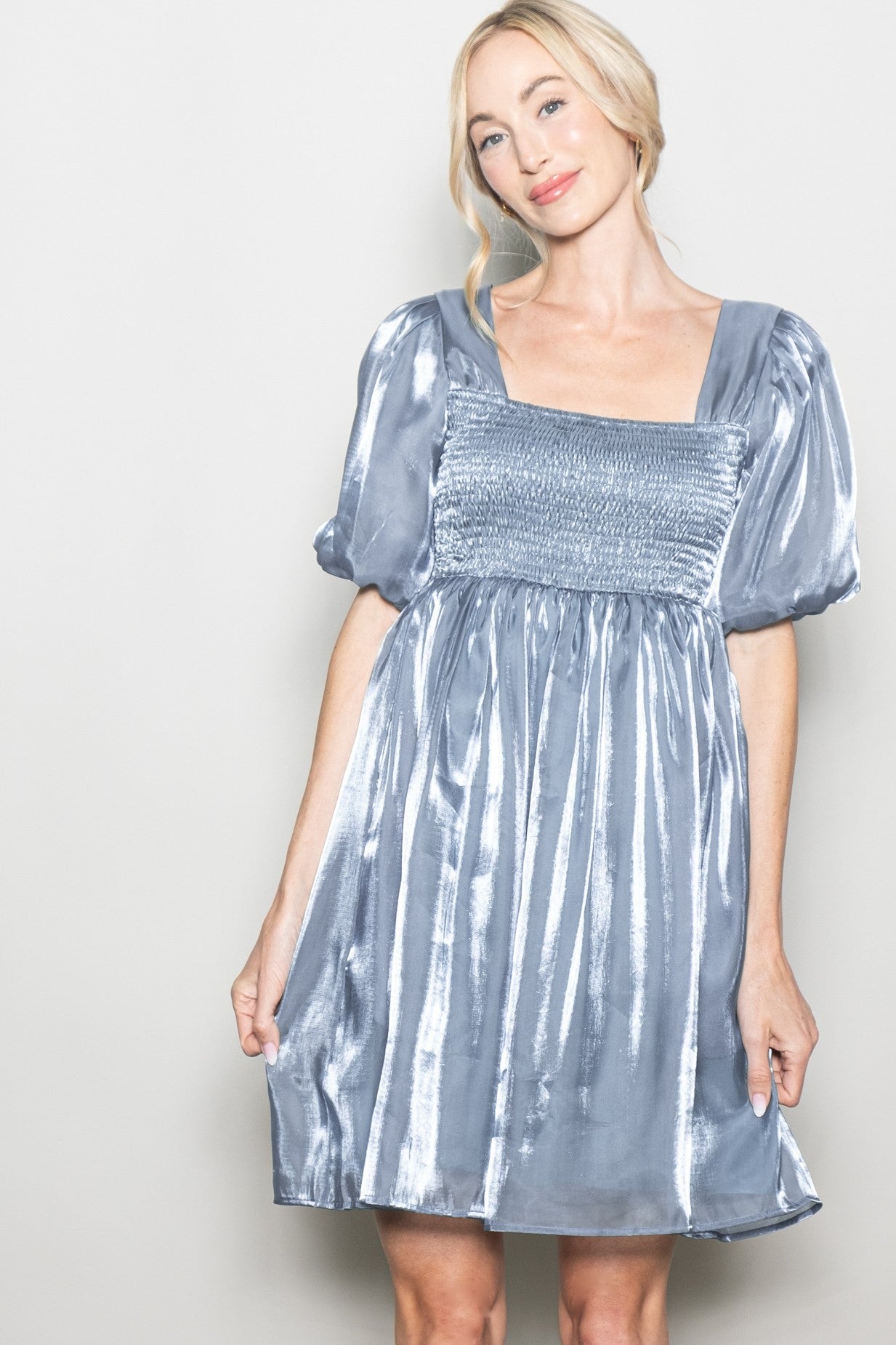 Silver Organza Smocked Puff Sleeve Maternity Mini Dress