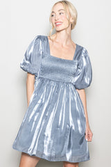 Silver Organza Smocked Puff Sleeve Mini Dress