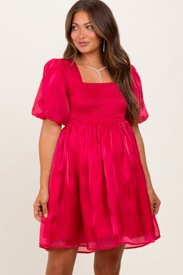 Red Organza Smocked Puff Sleeve Maternity Mini Dress