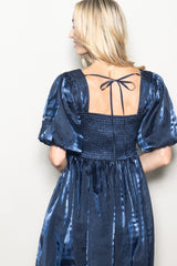 Navy Organza Smocked Puff Sleeve Mini Dress