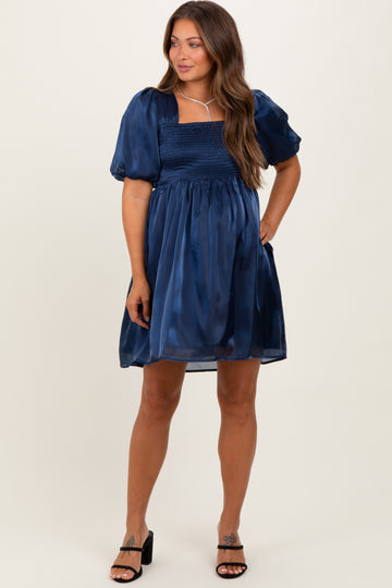 Navy Organza Smocked Puff Sleeve Maternity Mini Dress