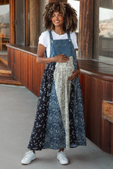 Blue Floral Colorblock Print Denim Contrast Maternity Dress