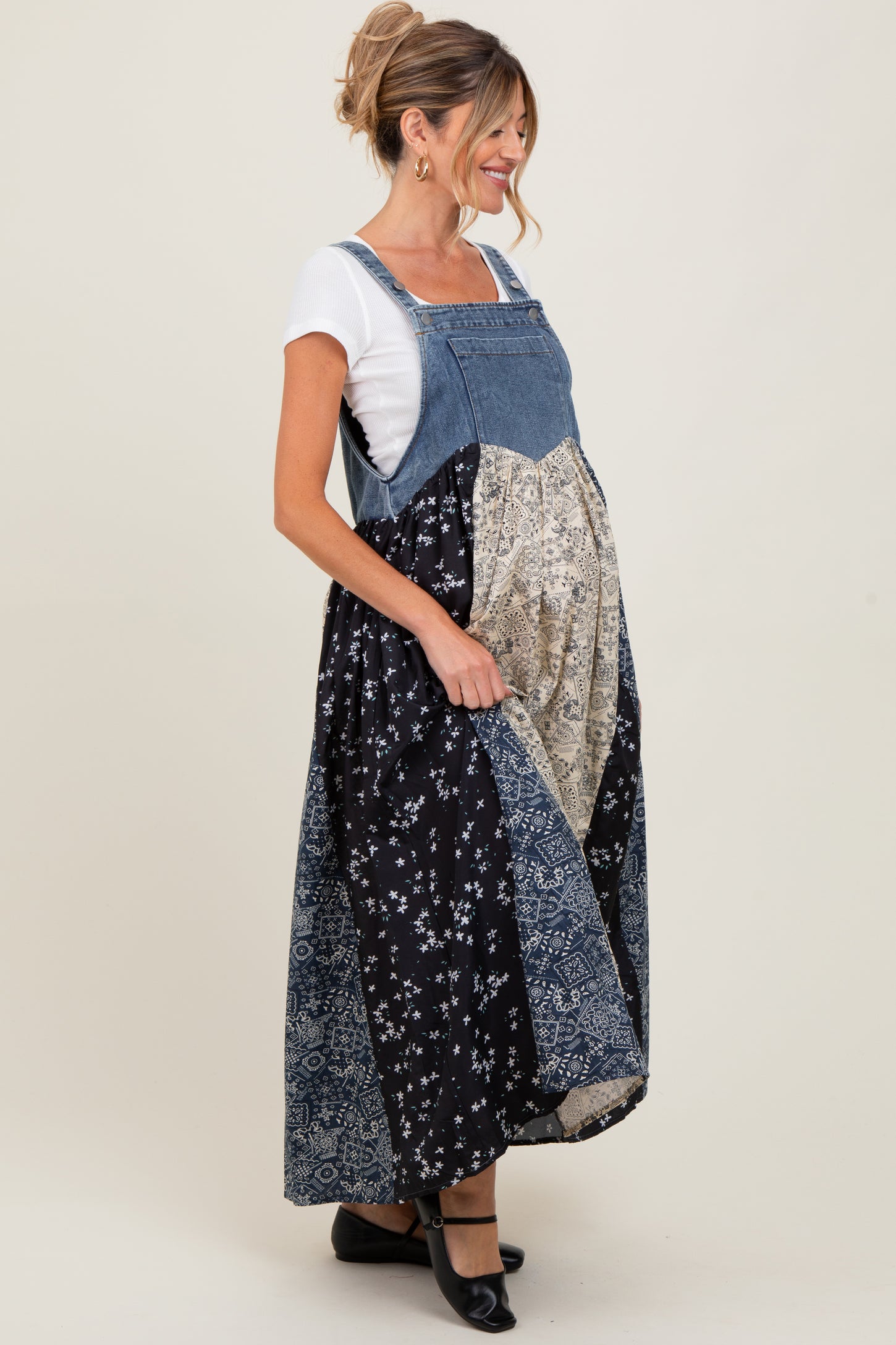 Blue Floral Colorblock Print Denim Contrast Maternity Dress