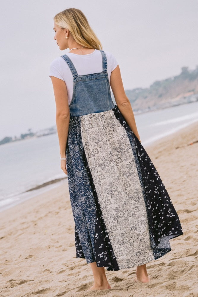 Blue Floral Colorblock Print Denim Contrast Dress