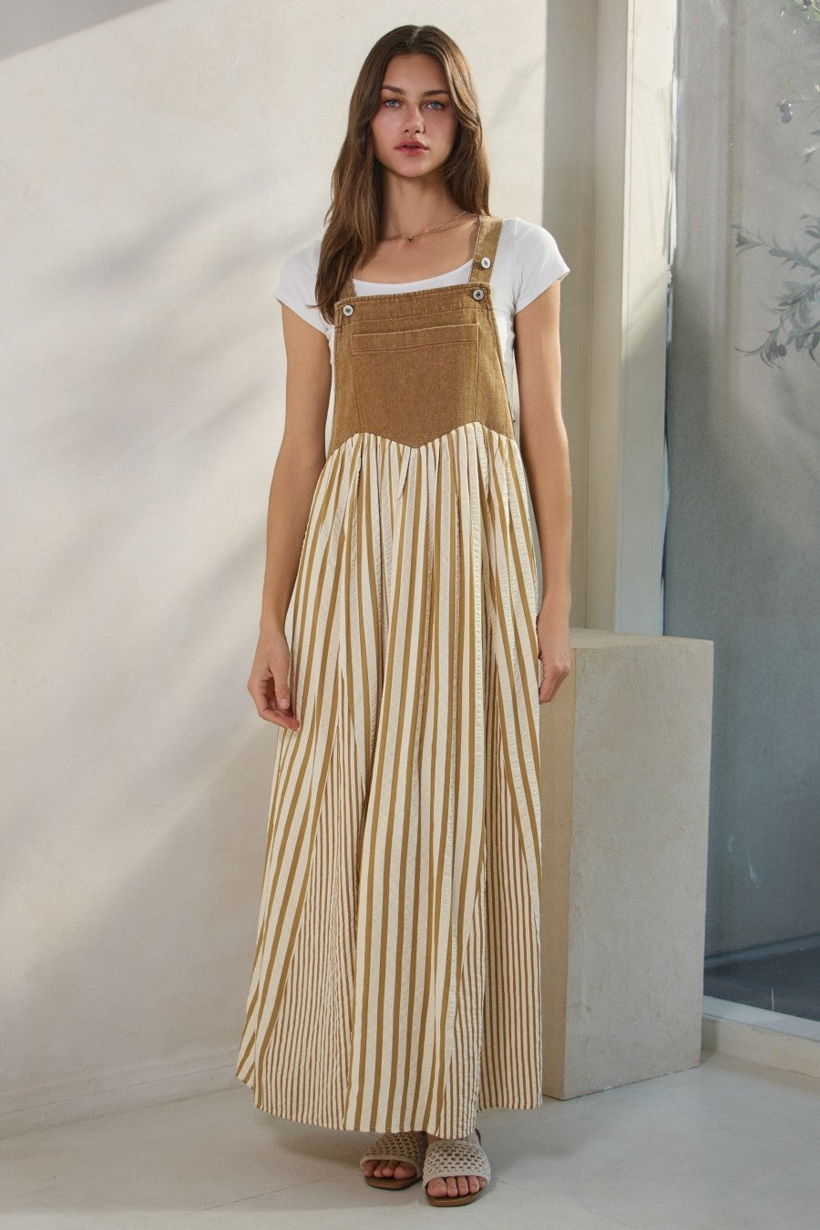 Camel Striped Colorblock Denim Contrast Maxi Dress