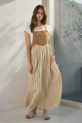 Camel Striped Colorblock Denim Contrast Maxi Dress