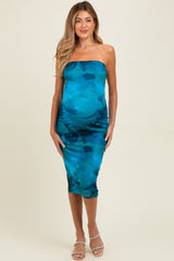 Turquoise Mesh Abstract Print Strapless Maternity Midi Dress