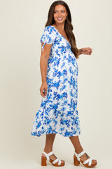 Blue Floral Puff Sleeve Tie Maternity Midi Dress