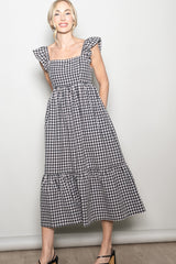 Black Gingham Ruffle Strap Midi Dress