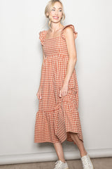 Rust Gingham Ruffle Strap Midi Dress
