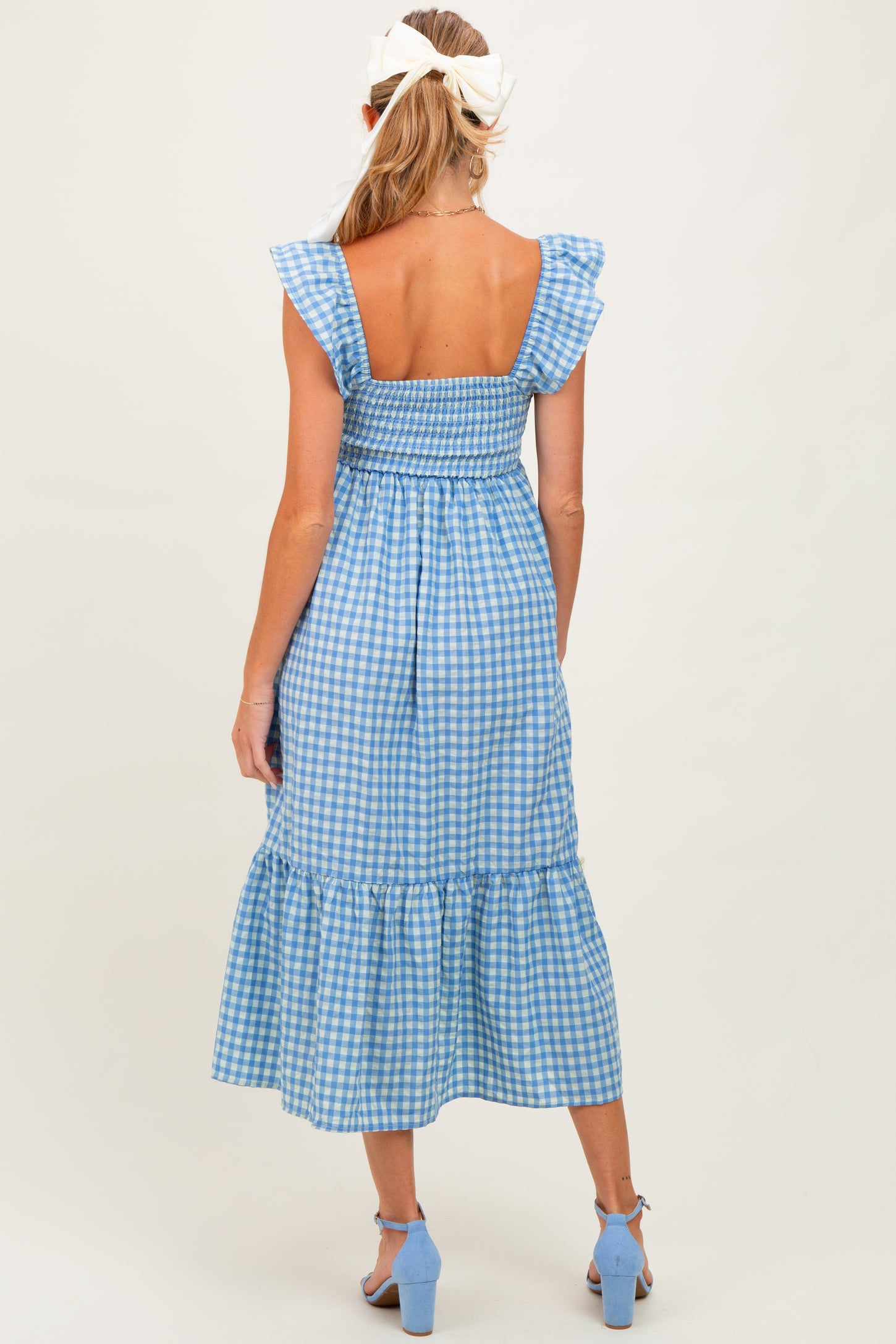 Blue Gingham Ruffle Strap Maternity Midi Dress