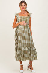 Olive Gingham Ruffle Strap Maternity Midi Dress