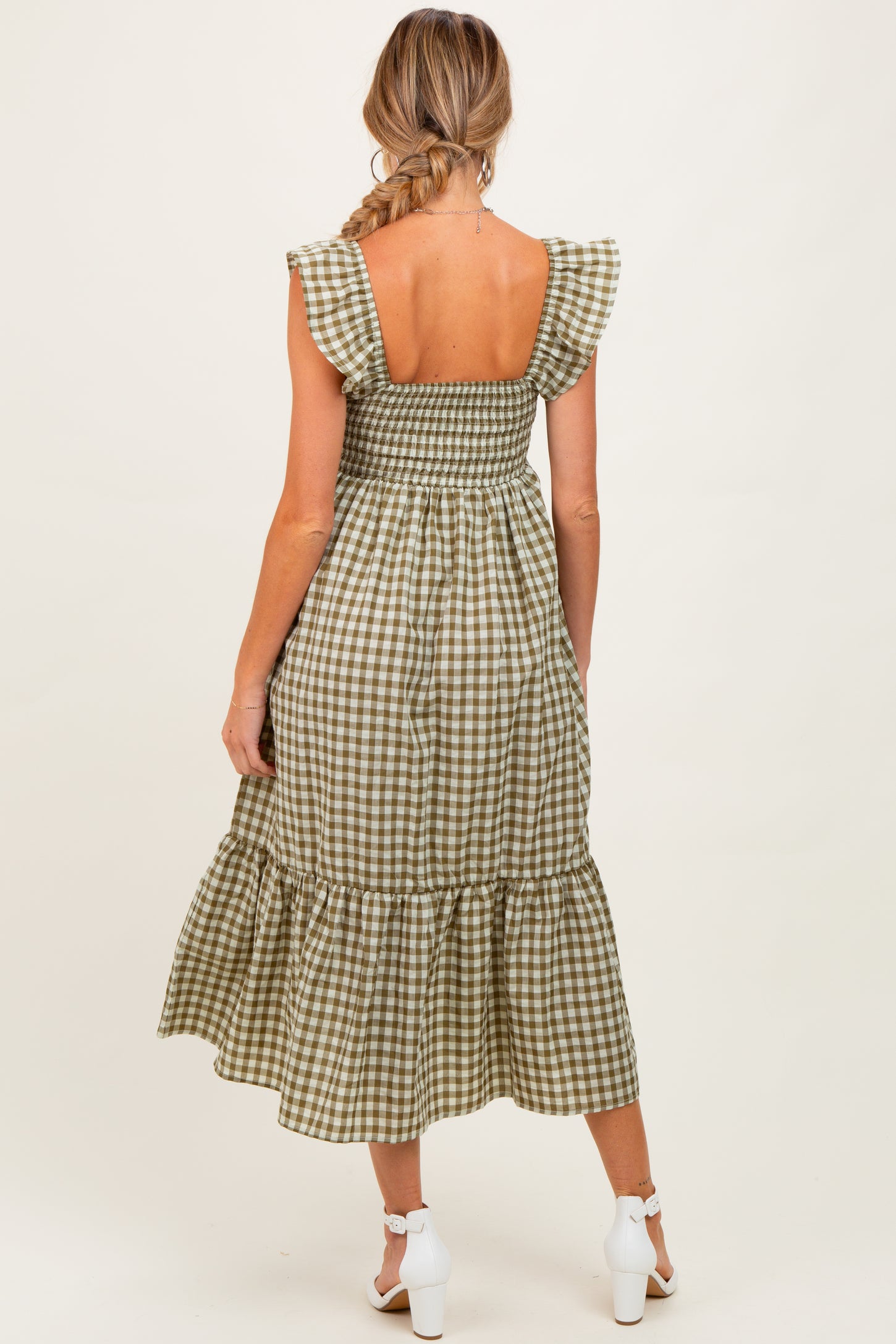 Olive Gingham Ruffle Strap Maternity Midi Dress