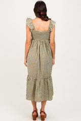 Olive Gingham Ruffle Strap Midi Dress