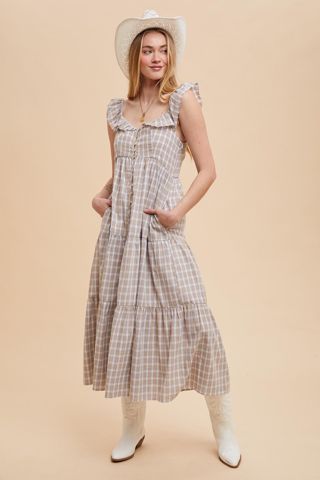 Light Blue Cotton Plaid Maxi Dress