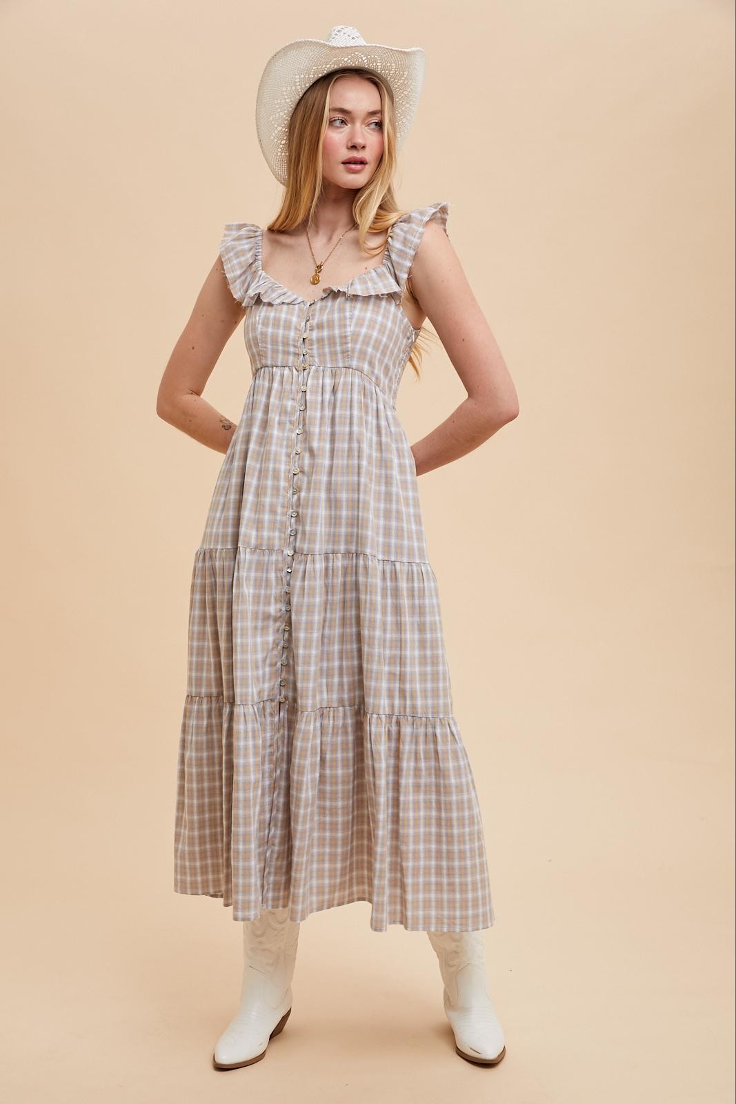 Light Blue Cotton Plaid Maxi Dress