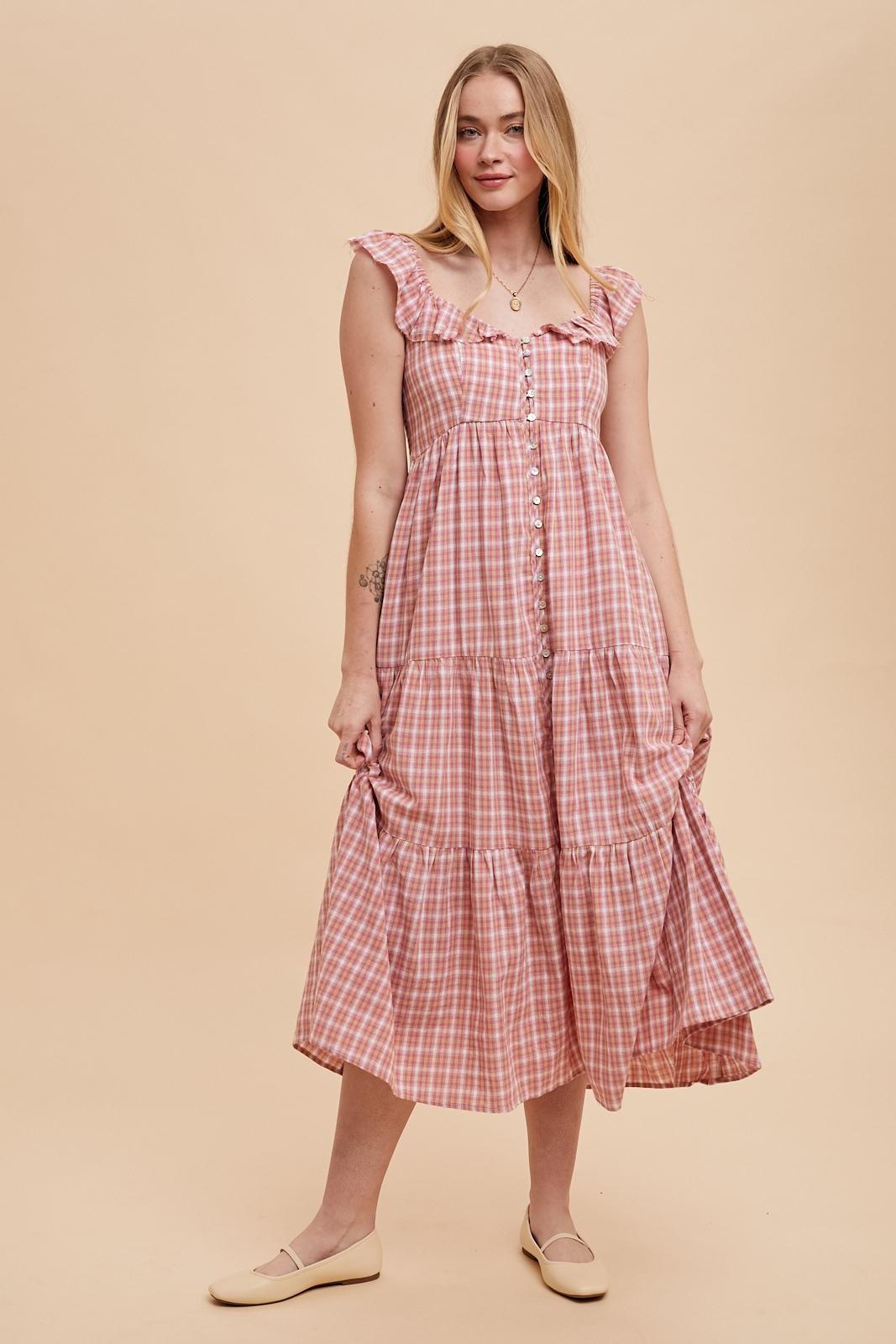 Mauve Cotton Plaid Maternity Maxi Dress