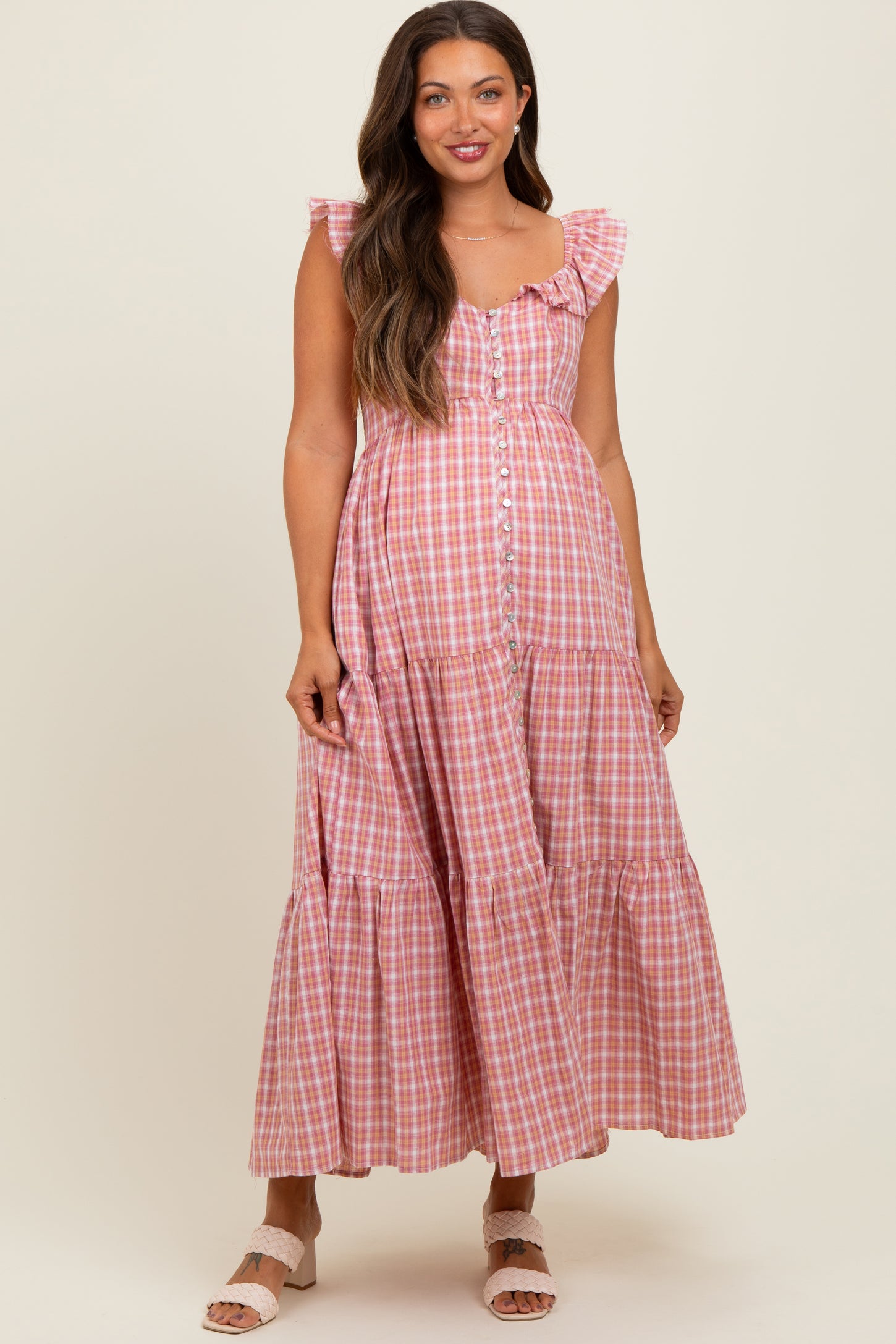 Mauve Cotton Plaid Maternity Maxi Dress