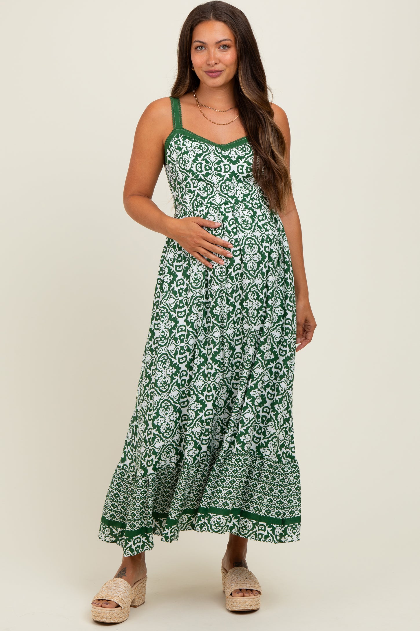 Green Sleeveless Border Print Maternity Maxi Dress