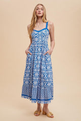 Blue Sleeveless Border Print Maternity Maxi Dress