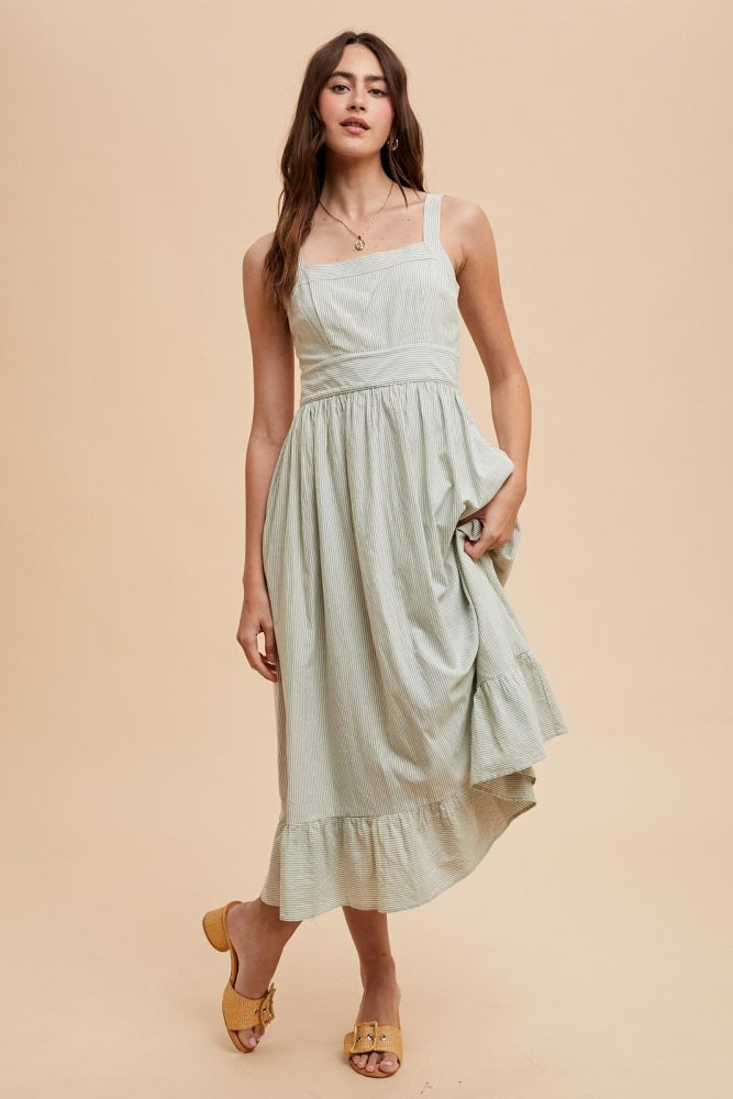 Mint Green Striped Cotton Sleeveless Dress